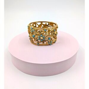 VTG‎ Barrera Bracelet Gold Tone Hinged Cuff Sculpted Blue Rhinestone Statement